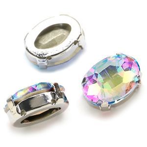 Стразы в серебряном цапе К9 овальные, цвет Crystal Aurore Boreale 