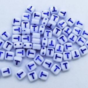 Бусина 2 Holes Square, буква T, цвет синий, 6х6 мм