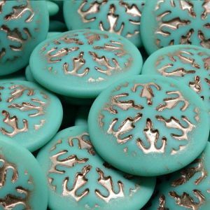 Кабошоны круглые со снежинкой, цвет бирюзовый с платиной, матовые