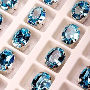 Страз в цапе 3022-107, овал 6х8 мм, Aquamarine, в серебряном цапе