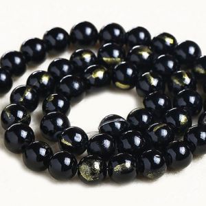 Бусины из камня на нити 4 мм, чёрный с золотом