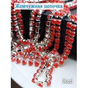 Жемчужная цепочка, цвет красный в серебряном цапе