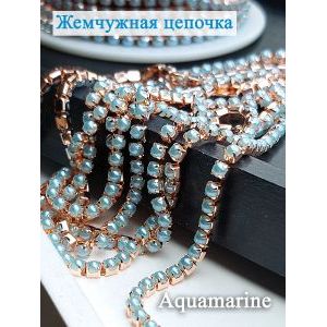 Жемчужная цепочка, аквамарин в цапе розовое золото