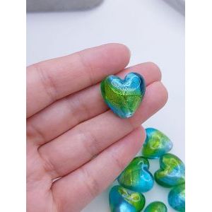 Бусина сердце 23х25 мм, сине-зелёная волна