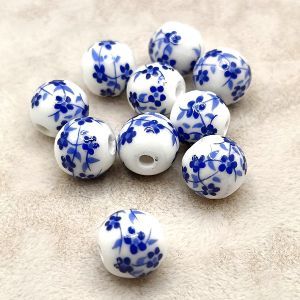 Бусины керамические, круглые, 10 мм, бело-голубые